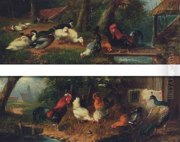 A Cockerel, Hens And A Peacock Before A Barn Oil Painting by Julius Scheuerer