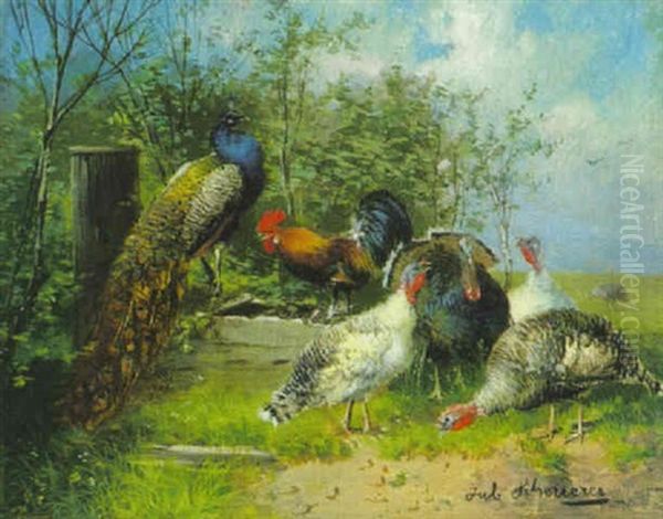 Hahn, Pfau Und Truthahne Am Brunnentrog Oil Painting by Julius Scheuerer