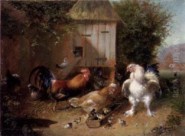 Hahn, Huhner Und Kuken Oil Painting by Julius Scheuerer