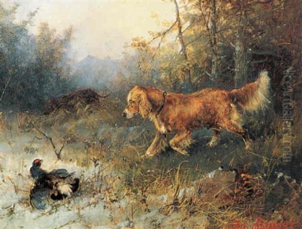 Vorstehhunde Stellen Einen Birkhahn Oil Painting by Julius Scheuerer