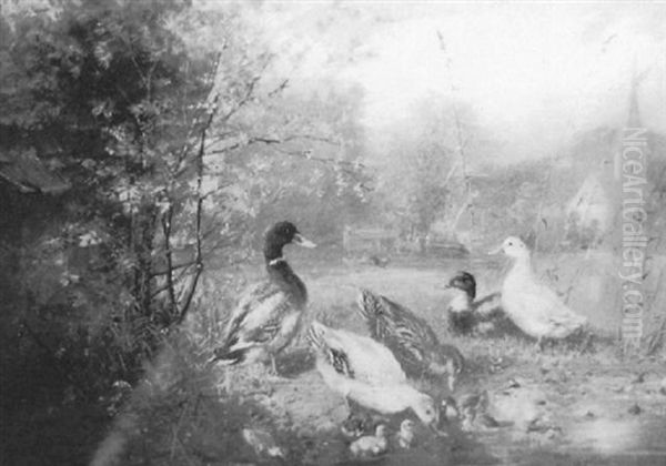 Ducks And Ducklings By A Pond Oil Painting by Julius Scheuerer