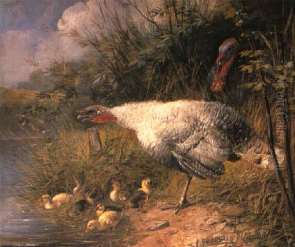 Defending The Ducklings Oil Painting by Julius Scheuerer