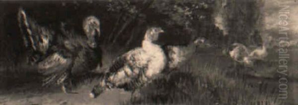 Hens And Turkeys By The Lake Oil Painting by Julius Scheuerer