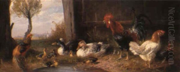 Poultry By A Pond by Julius Scheuerer