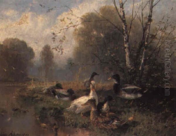 Ducks By A Pond by Julius Scheuerer