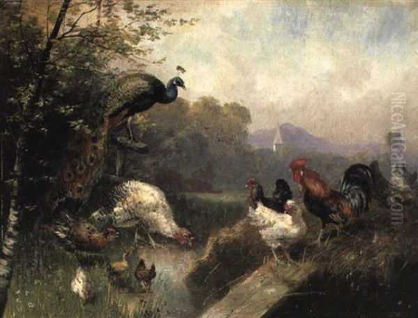 Ein Pfau Und Federvieh An Einem Bach Oil Painting by Julius Scheuerer