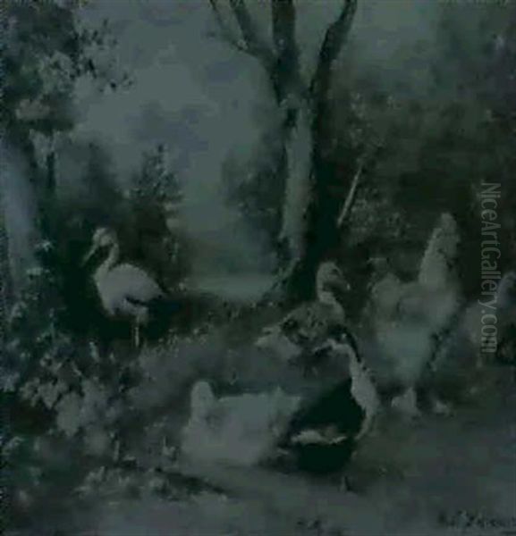 Tierfamilie Mit Hahn Und Zxwei Hennen, Drei Enten           Storch Auf Einem Wiesenstuck Am Bachufer Oil Painting by Julius Scheuerer