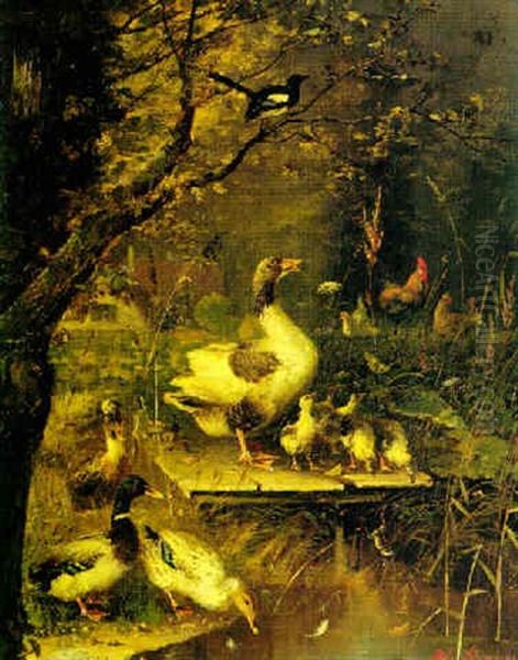 Ducks By The Water's Edge Oil Painting by Julius Scheuerer