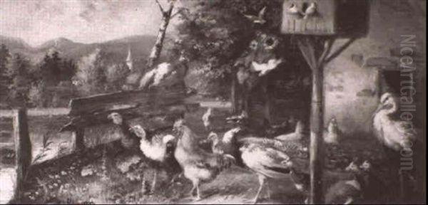 Turkeys, Chickens, Peacocks, Doves, Pigeons And A Heron Oil Painting by Julius Scheuerer