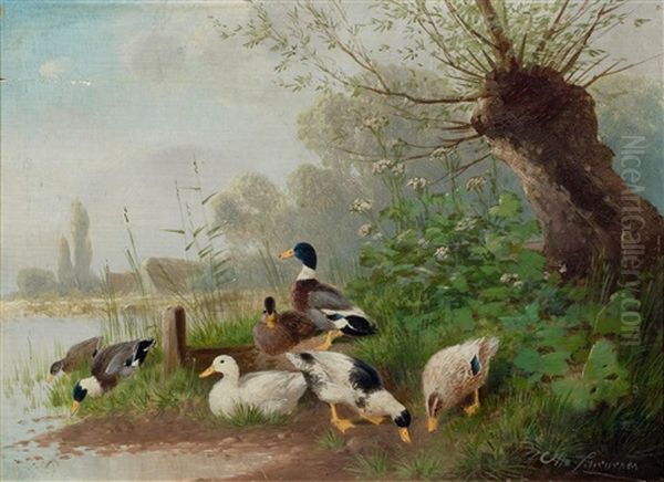 Ducks At A Pond Oil Painting by Otto Scheuerer