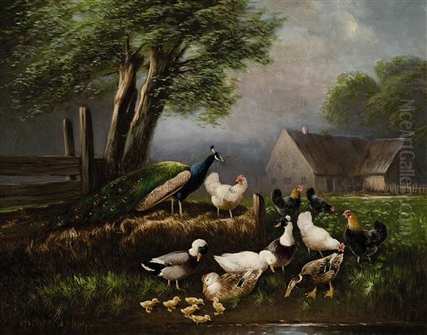 Huhner, Enten Und Pfau Am Wasser Oil Painting by Otto Scheuerer