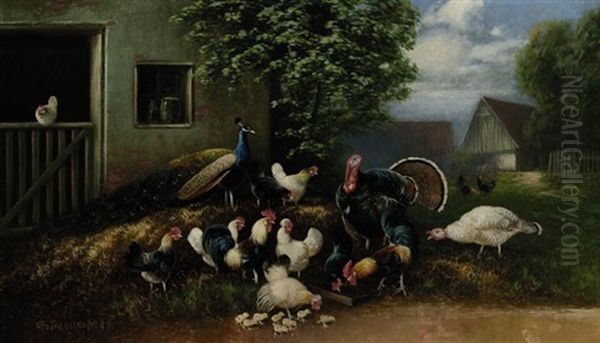 Pfau, Truthahn Und Huhner Mit Kuken Auf Dem Misthaufen Oil Painting by Otto Scheuerer