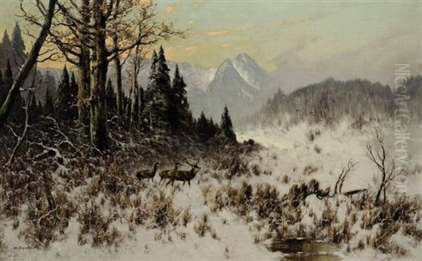 Hirsche In Winterlandschaft Oil Painting by Otto Scheuerer