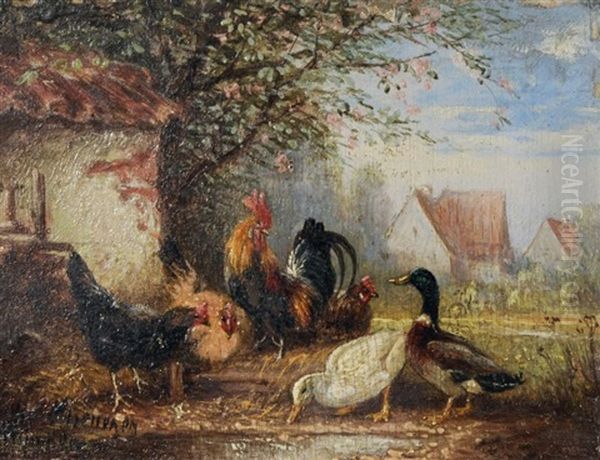 Enten, Huhner Und Ein Hahn Oil Painting by Otto Scheuerer