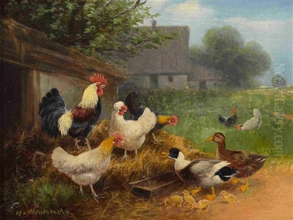 Huhner Und Enten Oil Painting by Otto Scheuerer