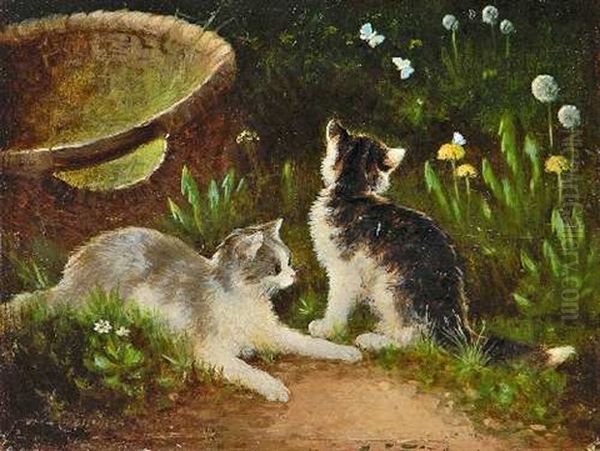 Zwei Katzchen Im Gras Oil Painting by Otto Scheuerer