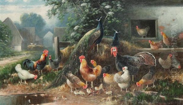 Chickens, Pheasant And Turkey In The Yard Oil Painting by Otto Scheuerer