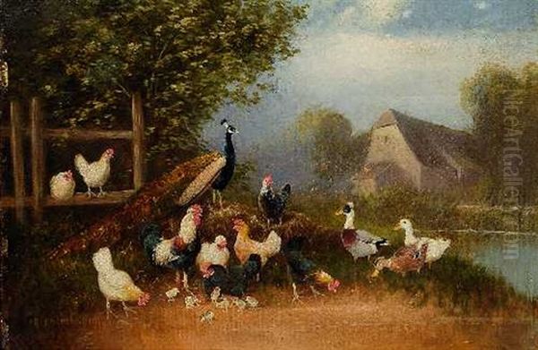 Huhnerhof Mit Pfau Oil Painting by Otto Scheuerer