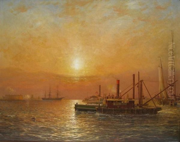 New York Harbor Oil Painting by Dewitt Clinton Boutelle