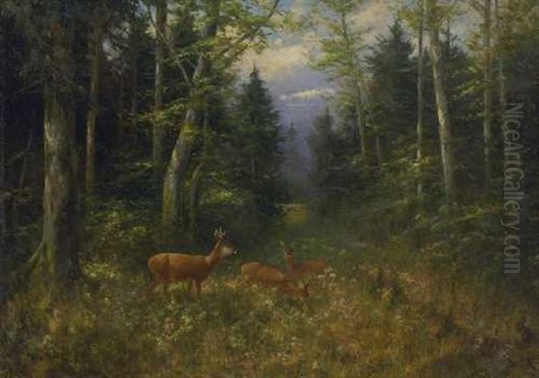 Rehe Auf Der Waldlichtung Oil Painting by Otto Scheuerer