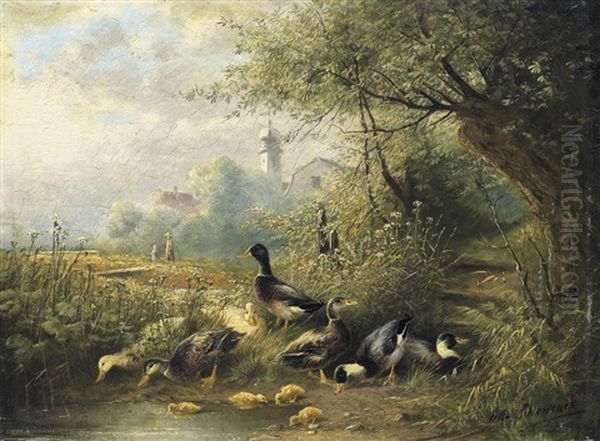 Stockenten Und Kuken Am Dorfweiher. Im Hintergrud Die Silhouette Eines Kichdorfes Oil Painting by Otto Scheuerer