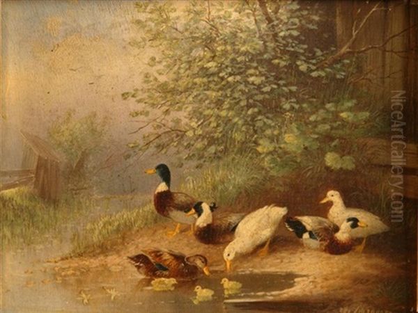 Entenfamilie An Einem Weiher (+ Huhner Unter Baumen Nahe Eines Bauernhofes; 2 Works) Oil Painting by Otto Scheuerer