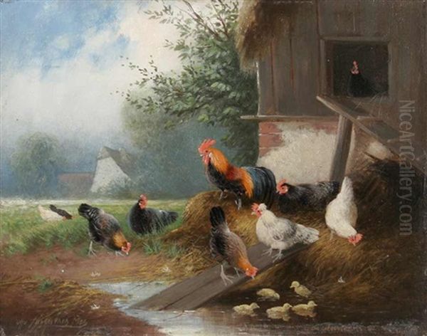 Huhner Vor Ihrem Stall (+ Enten Mit Jungen An Einem Bachlauf; 2 Works) Oil Painting by Otto Scheuerer