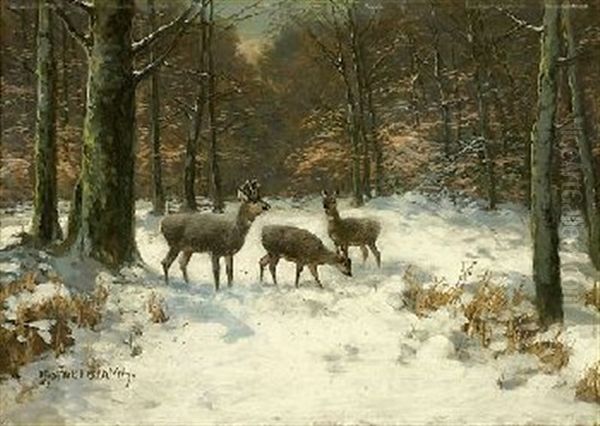 Rehe Im Winterlichen Wald Oil Painting by Otto Scheuerer