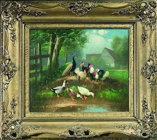 Bunte Huhnerschar Mit Enten Und Pfau Am Rande Eines Gehofts Oil Painting by Otto Scheuerer