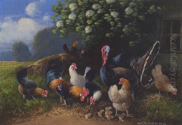 Truthahn, Hahn, Huhner Und Kuken Vor Dem Stall Oil Painting by Otto Scheuerer