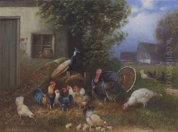 Truthahn, Pfau, Hahn, Huhner Und Kuken Oil Painting by Otto Scheuerer