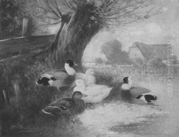 Enten Am Ufer Unter Einer Weide Oil Painting by Otto Scheuerer