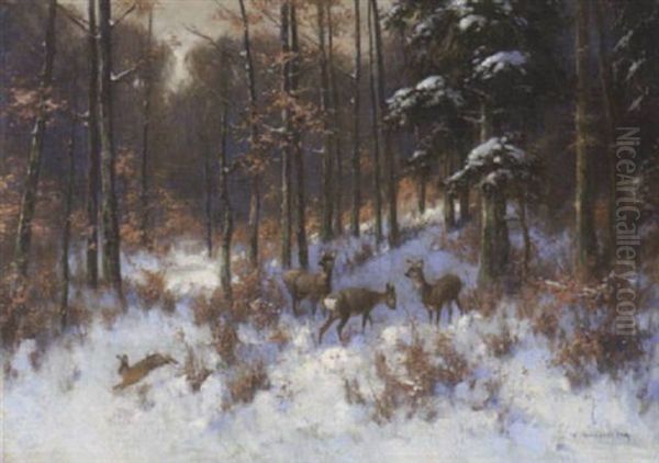 Rehe Im Winterwald Oil Painting by Otto Scheuerer