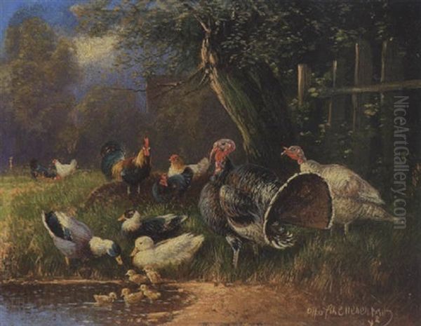 Truthahn Mit Henne, Ente Und Huhner Oil Painting by Otto Scheuerer