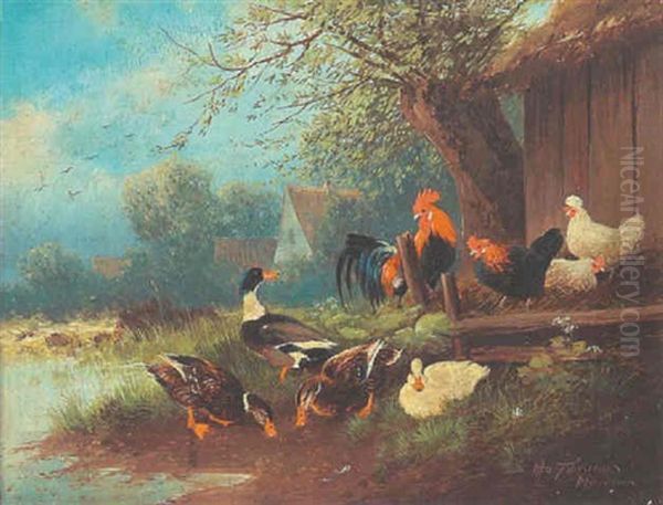 Federvieh Hinterm Bauernhof Oil Painting by Otto Scheuerer