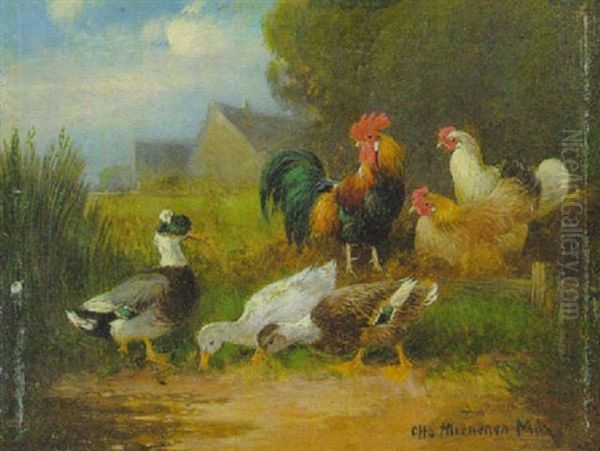 Hahn, Huhner Und Enten An Einem Wasser Oil Painting by Otto Scheuerer