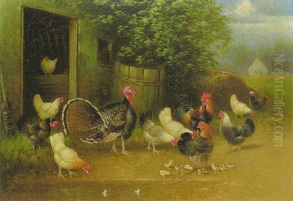 Truthahn, Hahn, Huhner Und Kuken Vor Dem Stallgebaude Oil Painting by Otto Scheuerer