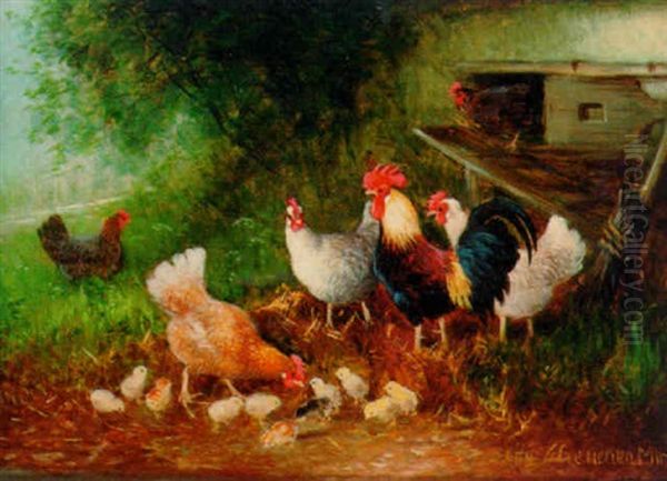 Farmyard Chickens Oil Painting by Otto Scheuerer