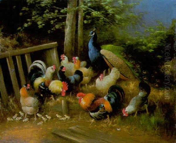 Hahn, Huhner, Kuken Und Pfau Vor Einem Gartenzaun Oil Painting by Otto Scheuerer