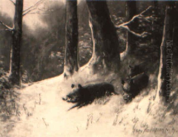 Wildschweine Brechen Aus Dem Wald Oil Painting by Otto Scheuerer