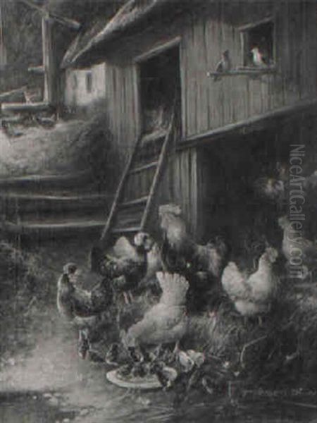 Roosters, Hens And Chicks In A Barnyard Oil Painting by Otto Scheuerer