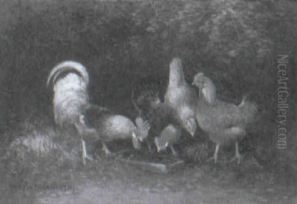 Chickens And Hens Feeding Oil Painting by Otto Scheuerer