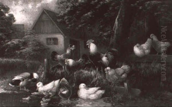 Hahn, Huhner Und Enten Am Teich Oil Painting by Otto Scheuerer