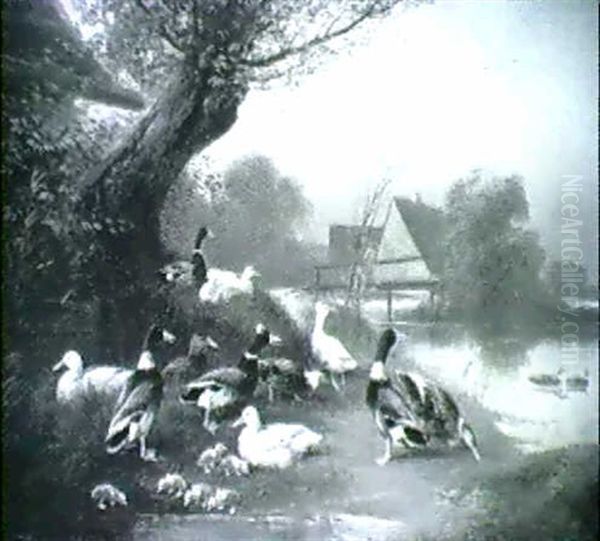 Hahn, Huhner Und Truthahn Vor Dem Stall; Und                Enten Am Teich Oil Painting by Otto Scheuerer