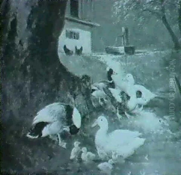 Enten Und Kuken Am Wasser Unter Einem Baum Nahe Dem         Bauernhaus Oil Painting by Otto Scheuerer