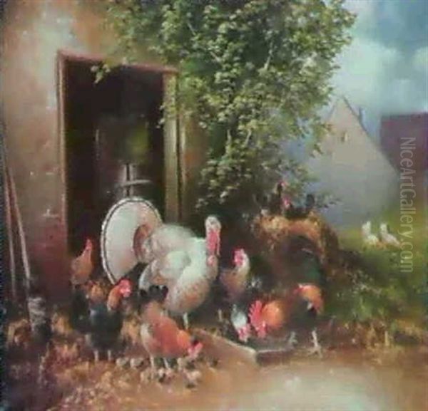 Kalkon Vid Honsgarden Oil Painting by Otto Scheuerer