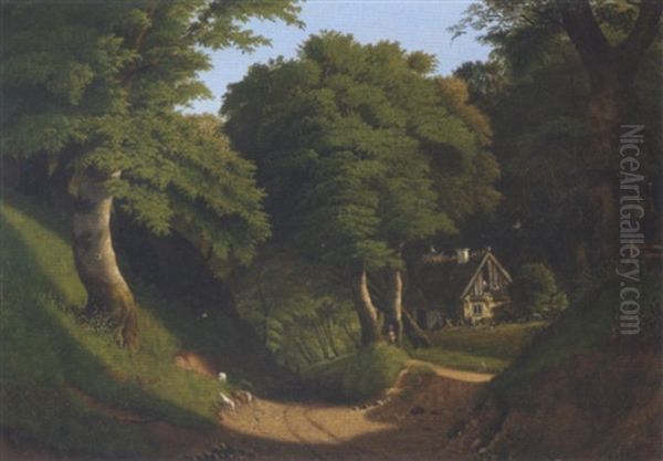 Kuperet Skovlandskab Med Strataekt Hus Oil Painting by Carl Scheuermann