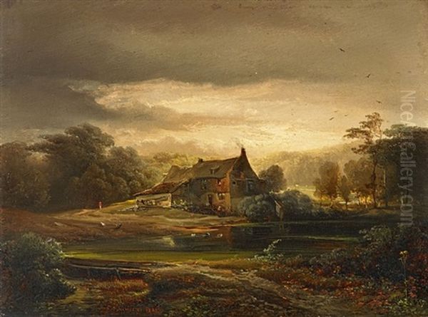 Jager In Herbstlicher Wiese Oil Painting by Caspar Johann Nepomuk Scheuren