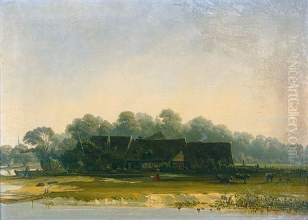 Rheinaue Mit Frauen Beim Wasche Bleichen Oil Painting by Caspar Johann Nepomuk Scheuren