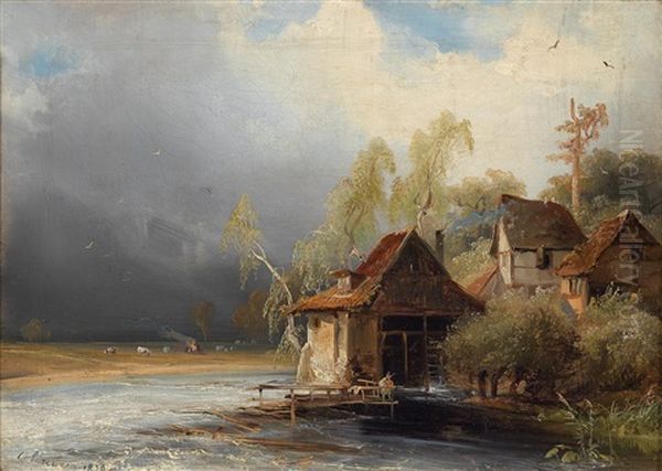 Gehoft Mit Fischer Oil Painting by Caspar Johann Nepomuk Scheuren